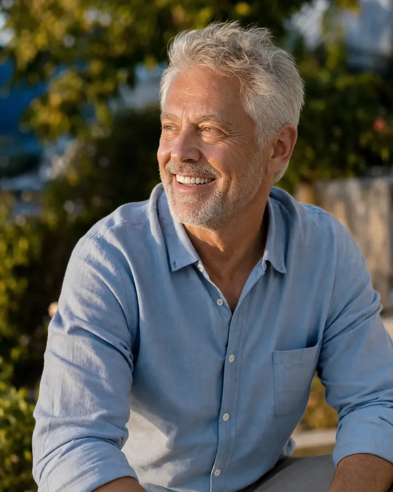 A man in his sixties smiling outdoors after bone grafting and implant treatment