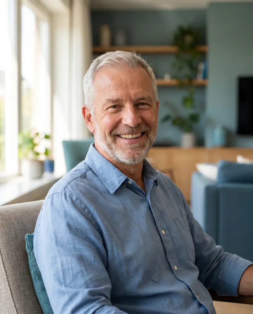 A confident older man with a warm, healthy smile after a full-arch dental implant restoration