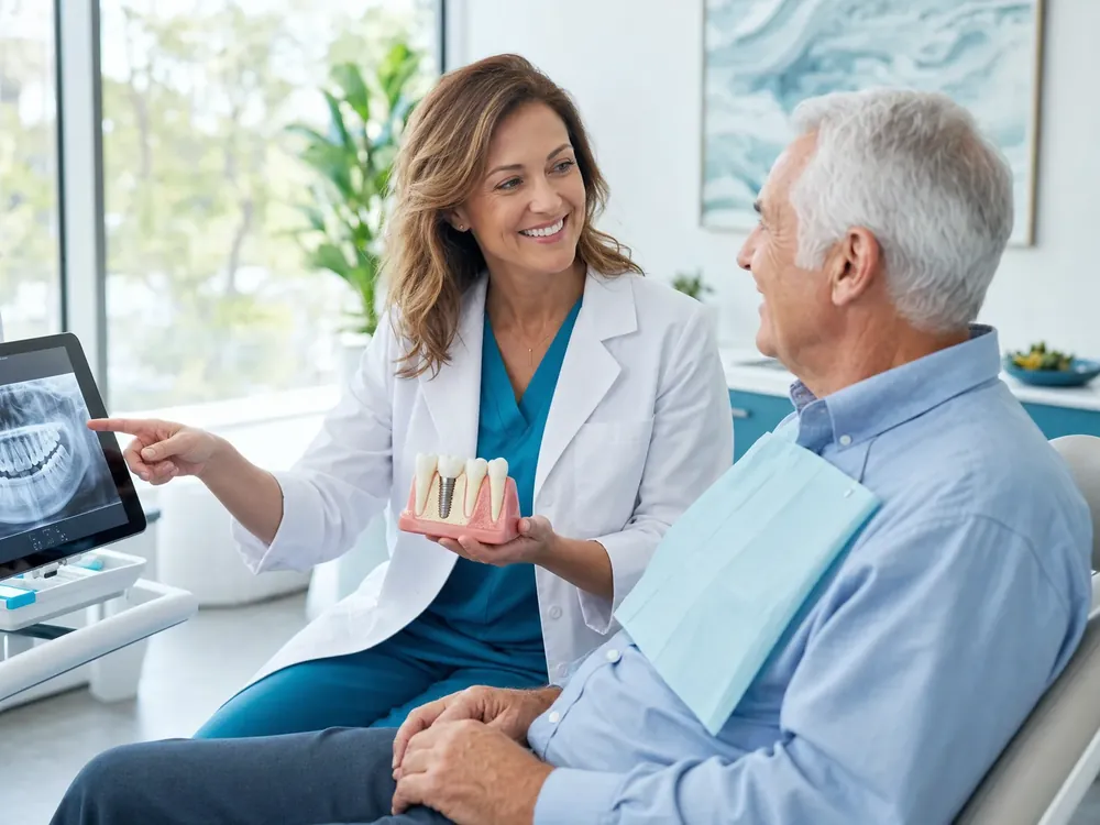A dentist reviewing implant options with a patient in a bright consultation room