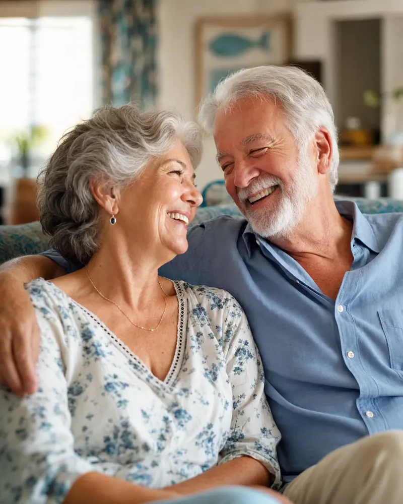 A joyful older couple smiling together after implant-supported denture treatment