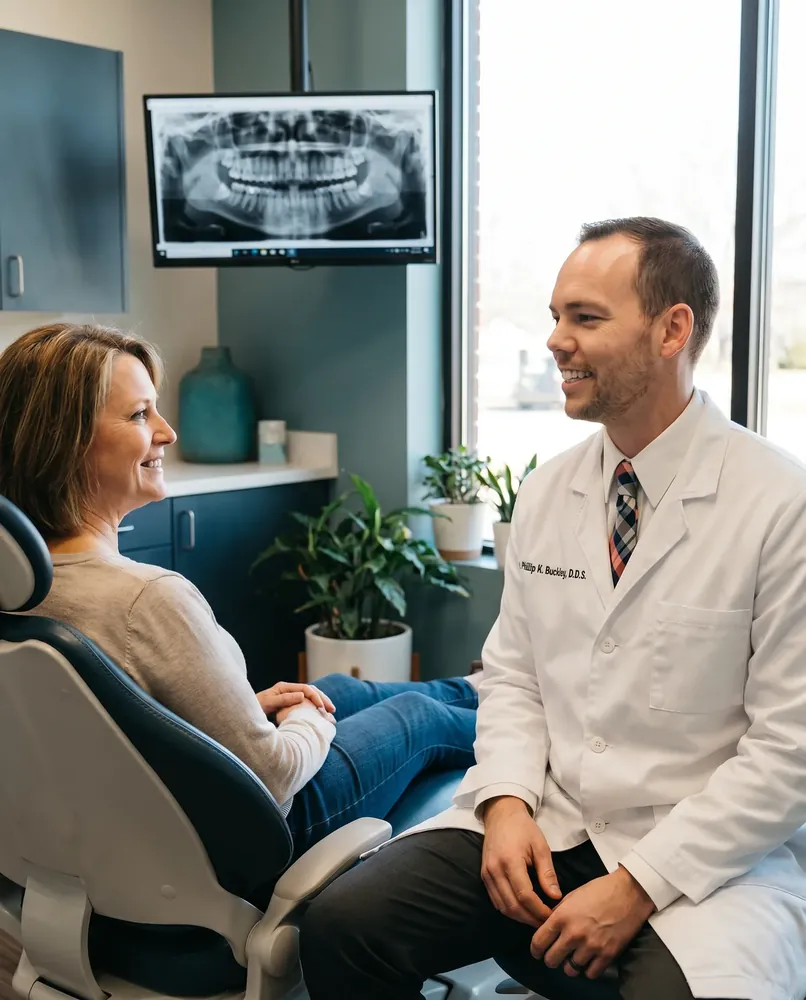 Dr. Buckley talking through implant options with a patient at St. Clair Family Dentistry