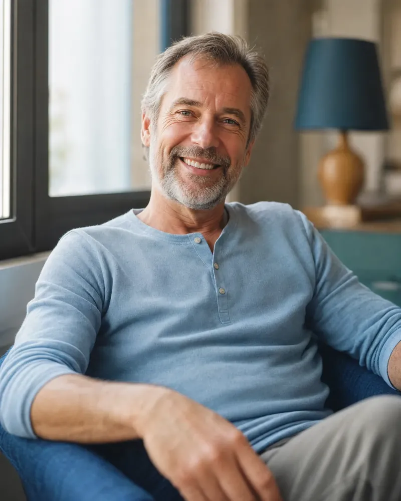A man in his fifties smiling confidently after a single-tooth dental implant