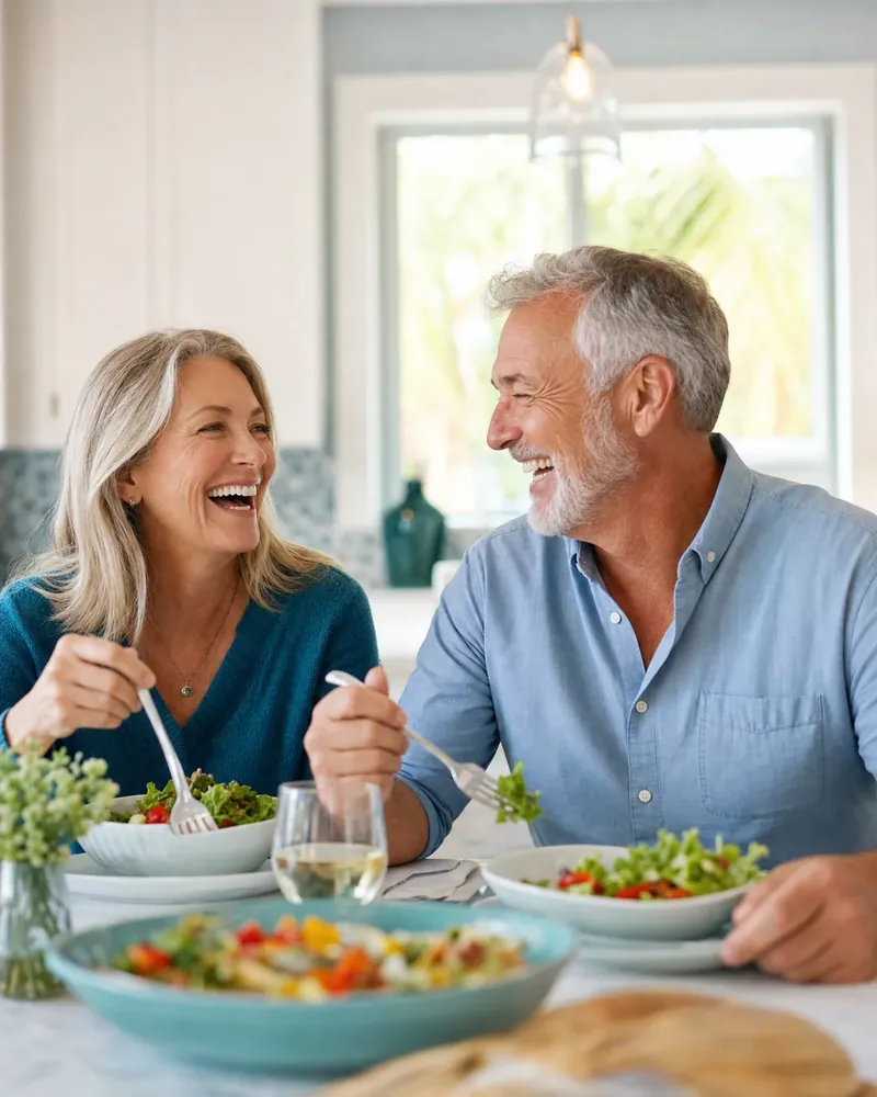 An older couple laughing together while sharing a meal at home