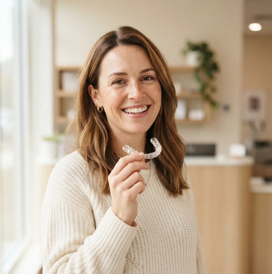 A woman holding a clear aligner tray in a bright dental office