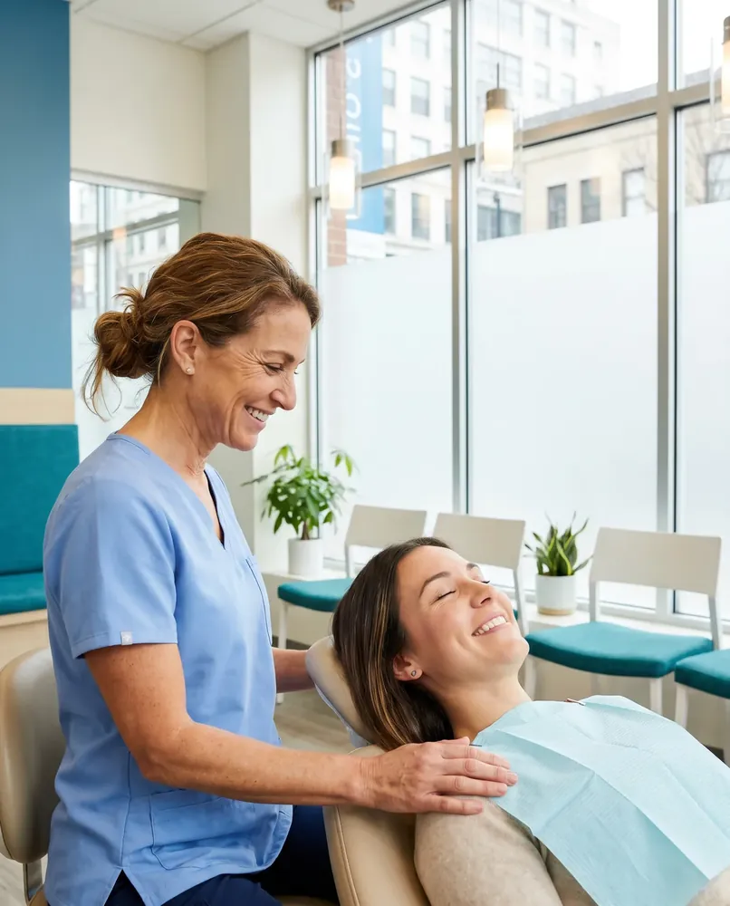 A caring dentist reassuring and attending to a patient