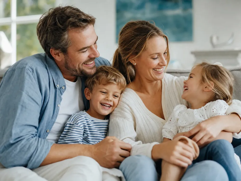 A happy family of four smiling together at home
